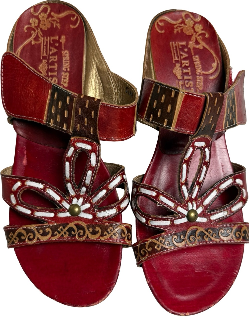 Spring Step Deandrea Wedge Sandals Womens Size 39 US 8.5 Floral Red Leather EUC